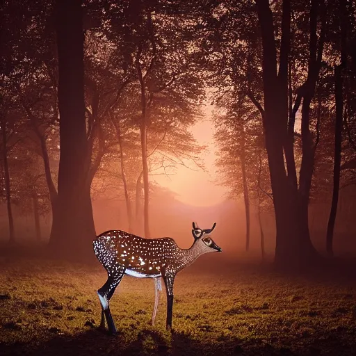 Image similar to a beautiful spotted deer in the woods lit by the morning sky, sunrise, chital, photorealistic, by annie leibovitz and steve mccurry, natural light, canon eos c 3 0 0, ƒ 1. 8, 3 5 mm, 8 k, medium - format print