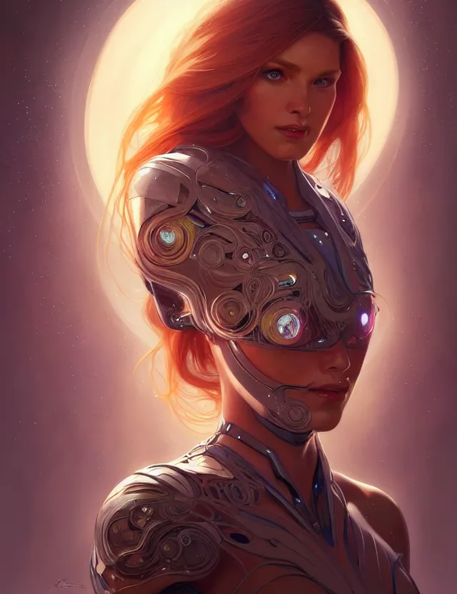 Image similar to futuristic woman portrait, sci-fi, amber eyes, face, long hair, fantasy, intricate, elegant, highly detailed, digital painting, artstation, concept art, smooth, sharp focus, illustration, art by artgerm and greg rutkowski and alphonse mucha