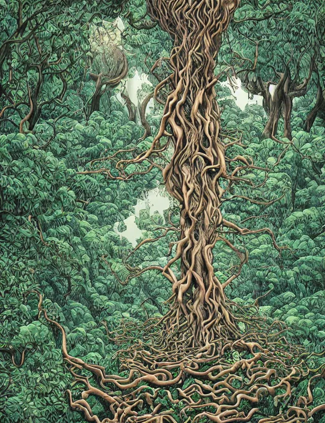 Prompt: a mystical tree with buttressed roots rising above a hill, there are rivulets of water running down and a maze on the ground by james jean and pascal blanche