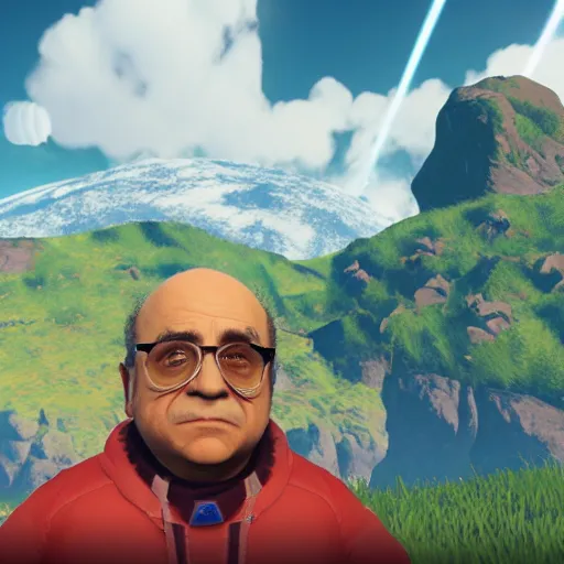 Image similar to an in-game screenshot of Danny Devito in No Man's Sky