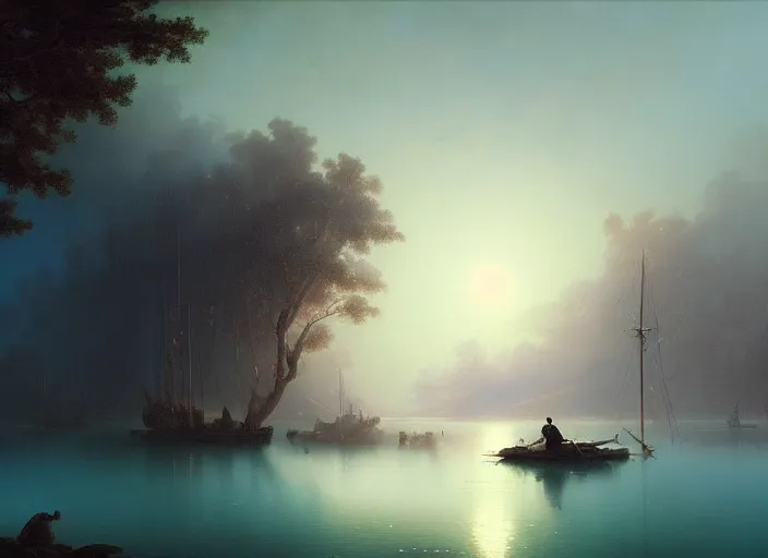 Image similar to blue - turquoise fog in the void, black background, hyperrealism, no blur, 4 k resolution, ultra detailed, style of asher brown durand, ismail inceoglu, robert mccall, ivan aivazovsky