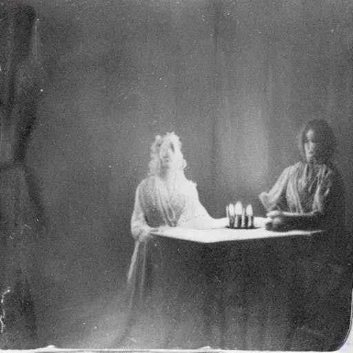 Image similar to 1920 infrared photo taken during a séance showing a spirit medium and a manifested spirit