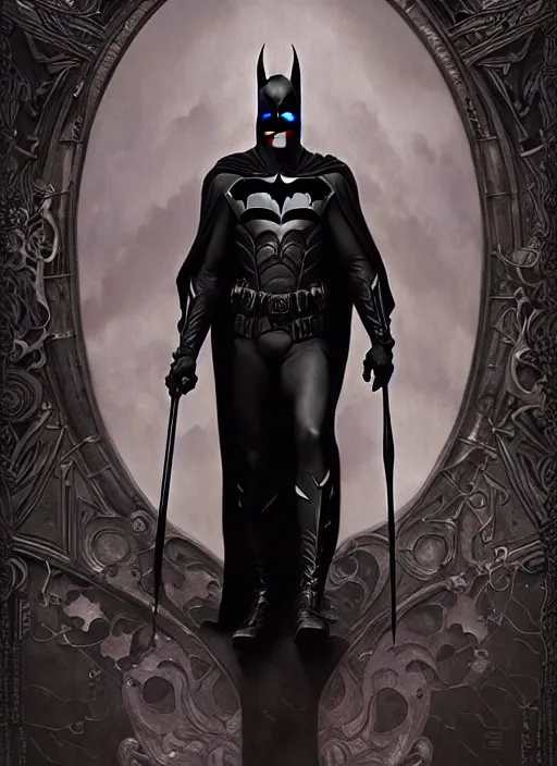 Image similar to majestic gothic batman black armored sinister man noir movie poster, art style by edmund leighton, tom bagshaw, alphonse mucha, exquisite digital art, haunting, masterpiece, organic painting, photorealistic, ornate and hyper detailed