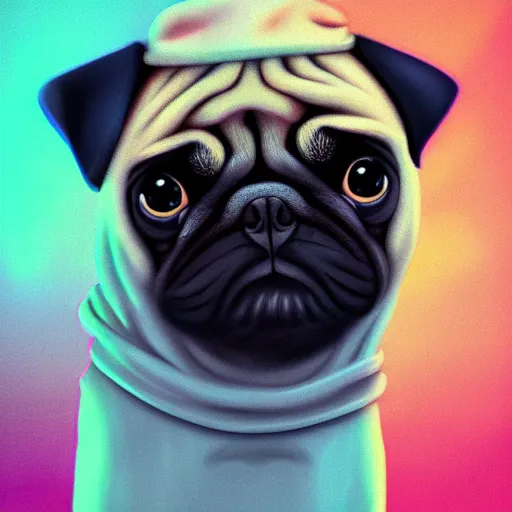 Image similar to a sad pug wearing a hoodie, the word'sad'is written on the hoodie in upper case letters, digital art, synthwave style, trending on artstation, matte painting, sticker