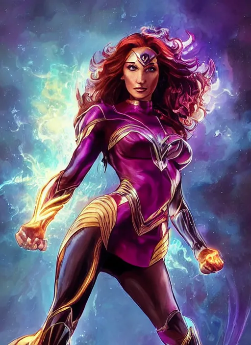 Image similar to front portrait hands behind body pose of attractive Gal Gadot as Starfire with ginger wavy hair, hands behind her body pose!, Intricate overlay flames imagery , D&D!, fantasy style, sharp focus!, ultra detailed, art by Artgerm and Peter Andrew Jones, WLUP