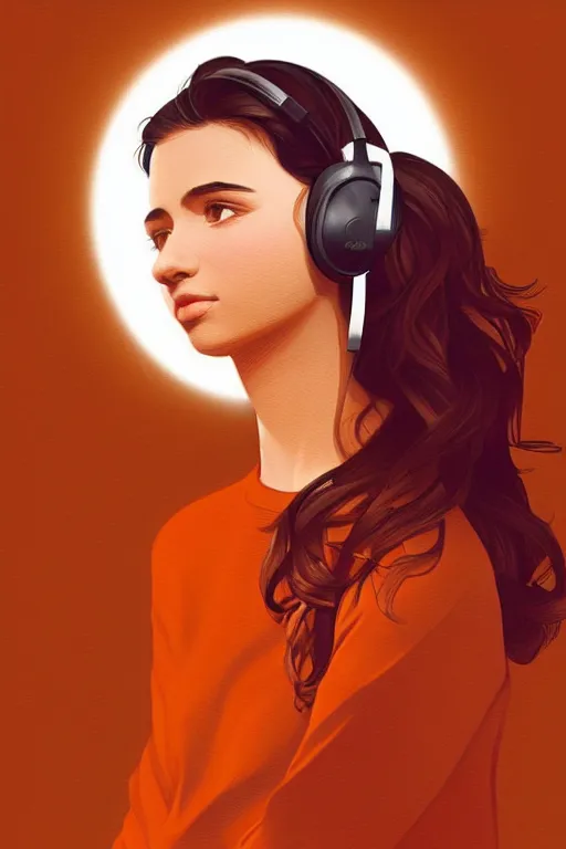 Image similar to portrait georgian girl looking to the right, wearing beats headphones. short brown hair, white jumper. lit from the right side, orange light. centered median photoshop filter cutout vector behance hd artgerm jesper ejsing!