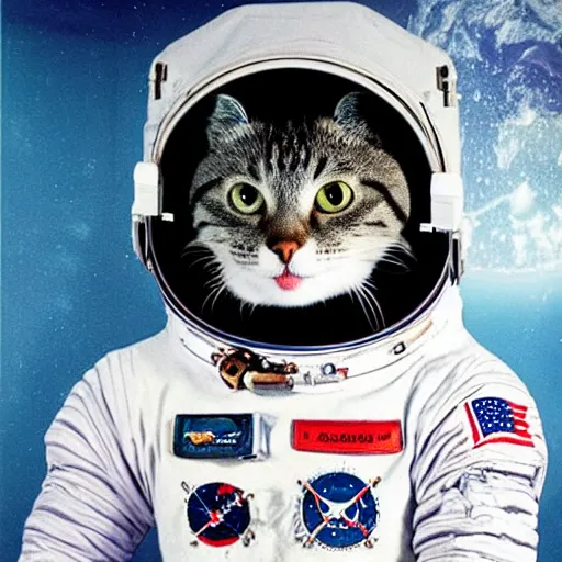 Prompt: astronaut cat on board the sputnik 2, realistic, photo, detailed, patriotic
