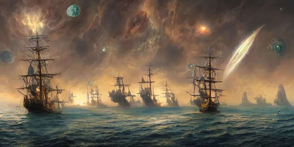 Image similar to Photorealistic epic science fiction painting of a tall ship with three masts sailing through space, by Rodney Matthews and Roger Dean. photorealism, UHD, amazing depth, glowing, golden ratio, 3D octane cycle unreal engine 5, volumetric lighting, cinematic lighting, cgstation artstation concept art