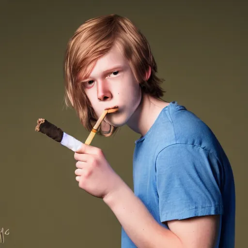 Image similar to hyper realistic photo of finn the human from adventure time smoking a cigarette, 4 k, hyper realistic, dslr, high resolution, landscape, beautiful