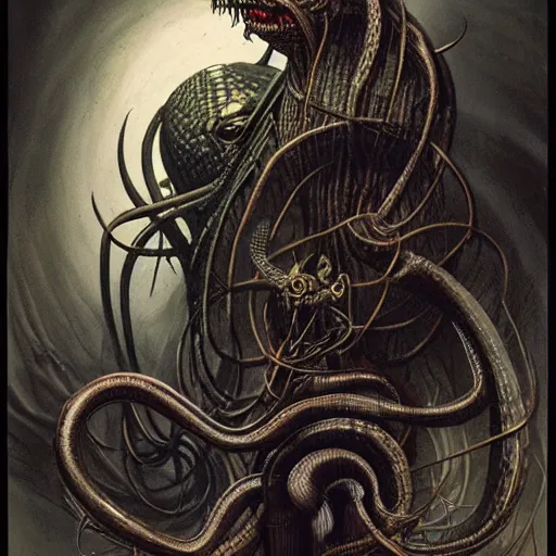 Image similar to a snake oil salesman that is also a grinning anthropomorphic snake, dave mckean, hr giger, peter mohrbacher, wayne barlowe