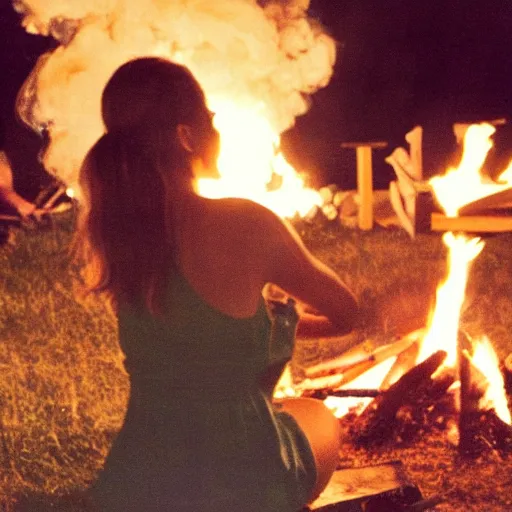 Image similar to polaroid shot of jennifer lawrence smoking at a campfire