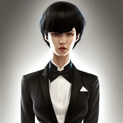 Image similar to slim girl in tuxedo with short black hair, elegant, 2d, ultra highly detailed, digital painting, smooth, sharp focus, artstation, art by Ilya Kuvshinov