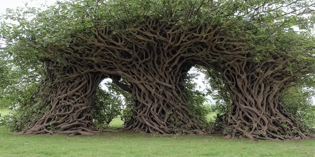 Image similar to Artwork by John Howe of Eight different trees twisted together to create a shelter underneath.