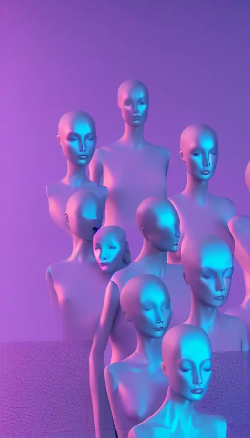 Image similar to a group of mannequins with their eyes closed, a computer rendering by beeple, cgsociety, holography, iridescent, holographic, 3 d