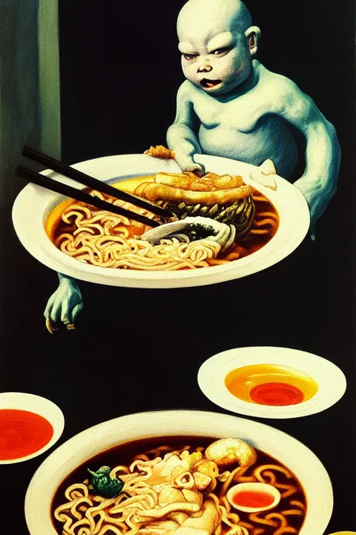 Image similar to evil human giant baby godzilla eating a huge bowl of ramen in new york city, hauntingly surreal, highly detailed painting by francis bacon, edward hopper, adrian ghenie, gerhard richter, and james jean soft light 4 k,