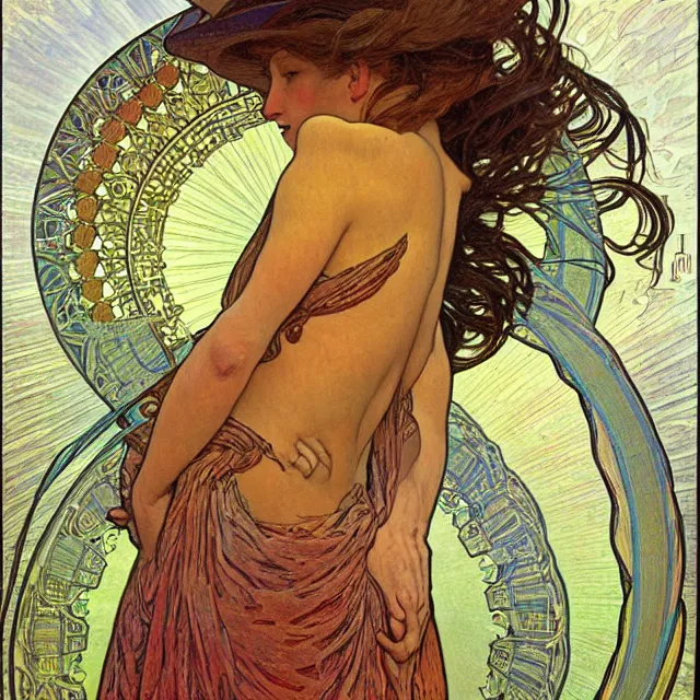 Image similar to i'm here, not going anywhere. oil painting, by jean giraud ross tran an alphonse mucha