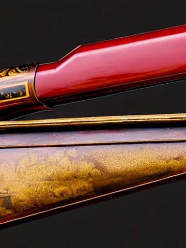 Image similar to a shotgun made from glossy red - painted wood and elements of gold metalwork