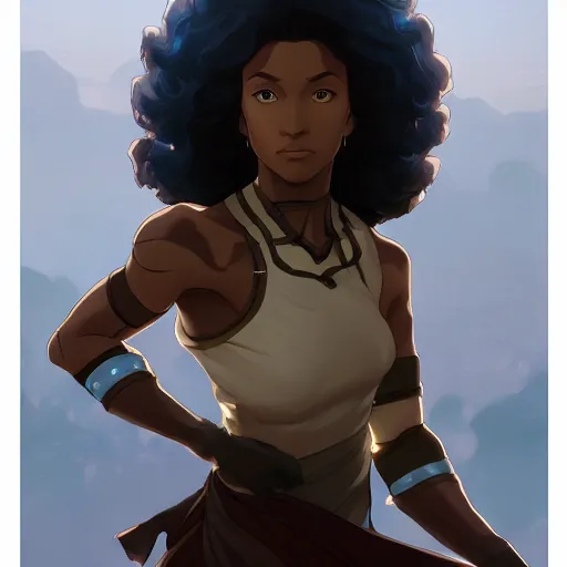 Image similar to Portrait of Avatar Korra, Legend of Korra, melanated brown skin, afro, black intricate, elegant, highly detailed, digital painting, artstation, concept art, smooth, sharp focus, illustration, art by artgerm and greg rutkowski and alphonse mucha