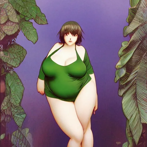 Image similar to masculine slightly overweight chonky pigeon in a green onepiece body suit, by Range Murata and Mucha