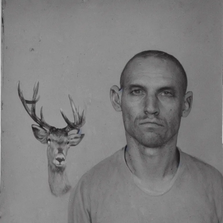 Image similar to deer headed human, old jail mugshot