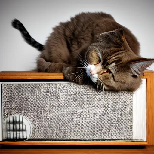 Prompt: ragdoll cat sleeping on a mid - century radio, soft cinematic lighting, realistic photograph,