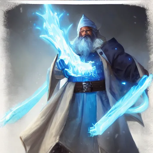 Prompt: a DnD character card of a wizard with a white beard and a blue robe and a wizard hat, hyperdetailed concept art by Ross Tran and Greg Rutkowski, realistic, trending on ArtStation, 8k