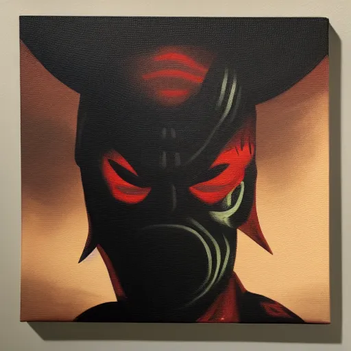 Image similar to Demon ninja warrior, Acrylic on canvas, low-key lighting, low angle, somber, sinister, doom, haunting