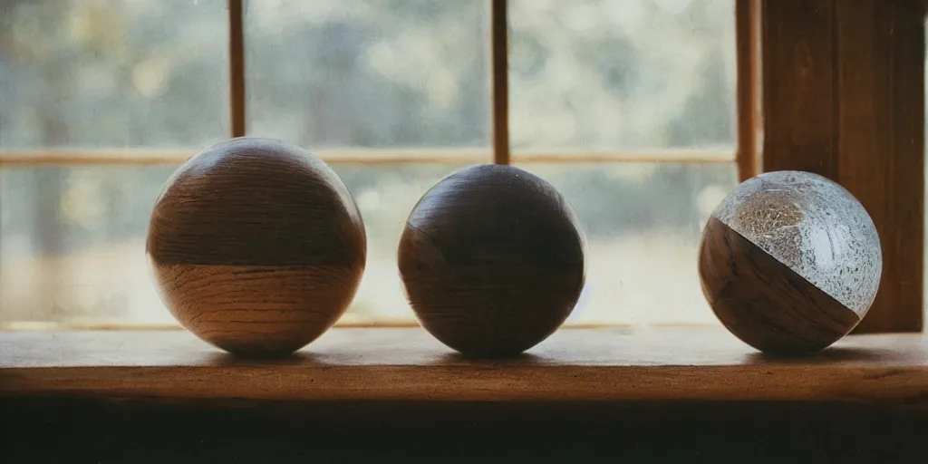 Prompt: 1980s magazine photo of wood sphere next to a window with dappled natural light, smoky