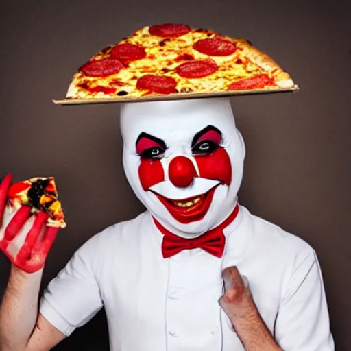 Prompt: clown dressed up as a pizza, clowcore, michelin star food, clowncore funhouse, photo by annie leibowitz