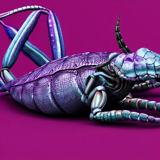 Image similar to zoomed out full body detailed photo realistic 3d render of purple alien reptile creature crustacean character concept with many legs 4k