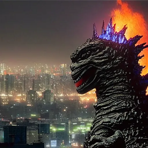 Prompt: godzilla eating a piece of cake. in the background tokyo city on fire