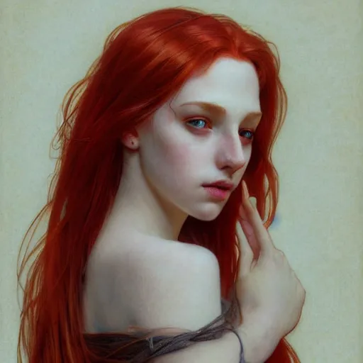 Image similar to portrait of a beautiful girl, red hair, headshot, hyper realistic, pale skin, 4k, rule of thirds, beautiful eyes, extreme detail, detailed drawing, trending artstation, hd, fantasy, D&D, realistic lighting, by Alphonse Mucha, Greg Rutkowski, sharp focus, backlit, elegant