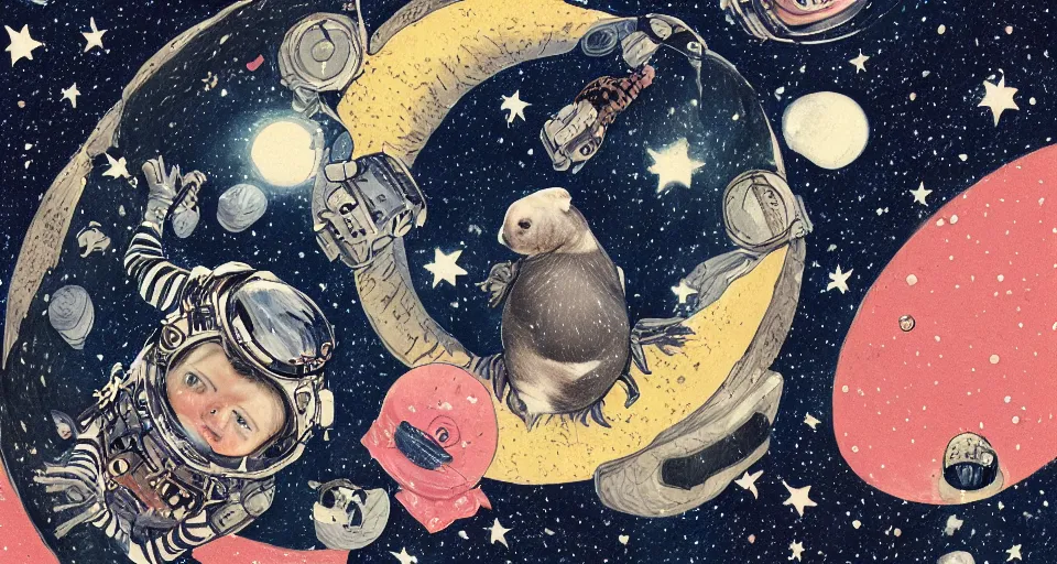 Image similar to guineapigs's portrait on the cover of vogue magazine flying in space suits, deep dark universe, twinkling and spiral nubela, warmhole, beautiful stars, 4 k, 8 k, by hokusai, samurai man vagabond, detailed, editorial illustration, matte print, concept art, ink style, sketch, digital 2 d