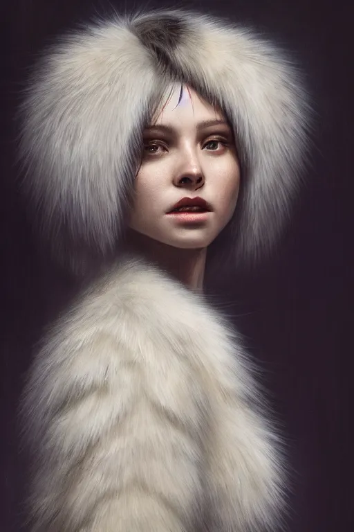 Image similar to A fancy portrait of an attractive women covers in fur by Greg Rutkowski, beeple, Sung Choi, Mitchell Mohrhauser, Maciej Kuciara, Johnson Ting, Maxim Verehin, Peter Konig, final fantasy, macro lens , 8k photorealistic, cinematic lighting, HD, high details, dramatic, dark atmosphere, trending on artstation