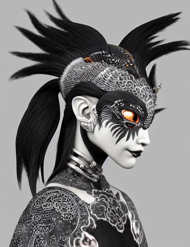 Image similar to 3 d goddess close - up profile portrait punk with mohawk with ram skull. beautiful intricately detailed japanese crow kitsune mask and clasical japanese kimono. betta fish, jellyfish phoenix, bio luminescent, plasma, ice, water, wind, creature, artwork by tooth wu and wlop and beeple and greg rutkowski