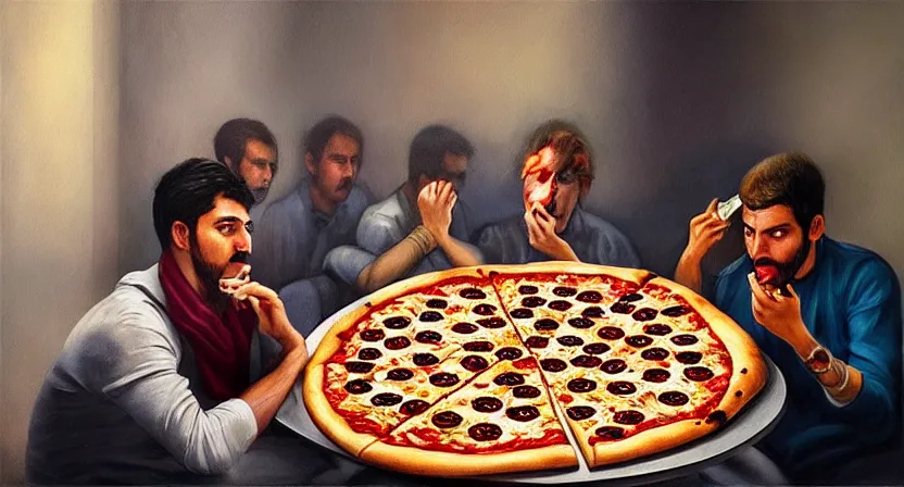 Prompt: people eating pizza. art by salman toor. faithfully depicted facial expression, perfect anatomy, sharp focus, global illumination, radiant light, detailed and intricate environment, trending on artstation