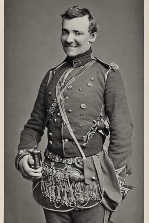 Image similar to official Portrait of a jolly victorian army officer, male, cheerful, happy, detailed face, 19th century, highly detailed, cinematic lighting, photograph, black and white