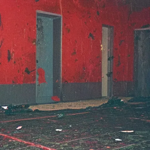 Image similar to lomo photo of reptilian in spacesuit staying in front of abandoned hospital, red splatters on the walls, dark, moody, foggy, gloomy