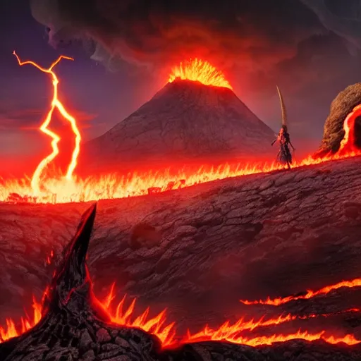 Image similar to epic battle between two wizards, lava in the background, cinematic, establishing shot