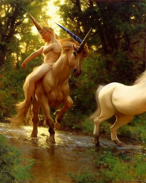 Image similar to a wild unicorn rears and points its hooves at an approaching wildcat, enchanted forest, painting by gaston bussiere, craig mullins, j. c. leyendecker