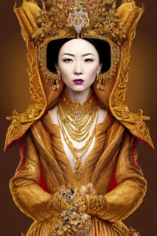 Image similar to a beautiful empress portrait, with a brilliant, impossible striking shiny big gold headpiece, gold clothes, rococo, baroque, jewels, asian, realistic, closeup, D&D, fantasy, intricate, elegant, highly detailed, digital painting, artstation, octane render, studio lighting, 8k, concept art, matte, sharp focus, illustration, art by Gustav Klimt, Artgerm and Greg Rutkowski and Alphonse Mucha