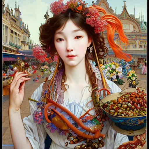 Image similar to a masterpiece ultrarealistic ultradetailed portrait of beautiful love fishmonger girl on street market baroque renaissance. medium shot, intricate, elegant, by stanley artgerm lau, wlop, alphonse mucha, rossdraws, andrei riabovitchev, yoshitaka amano. flower background my james jeand and takashi murakami.