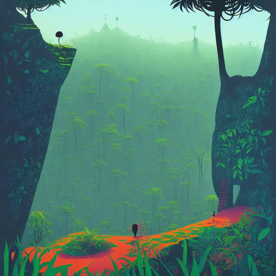 Image similar to ( ( ( gediminas pranckevicius ) ) ), bukit perak jungle summer morning, very coherent and colorful high contrast art by james gilleard floralpunk screen printing woodblock, dark shadows, pastel color, hard lighting