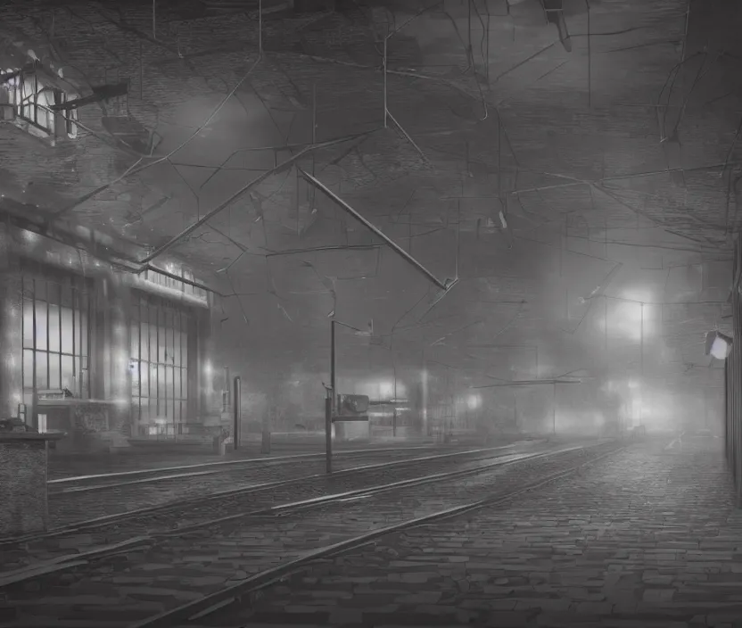 Prompt: A urban train station, gloomy and foggy atmosphere, octane render, artstation trending, horror scene, highly detailded