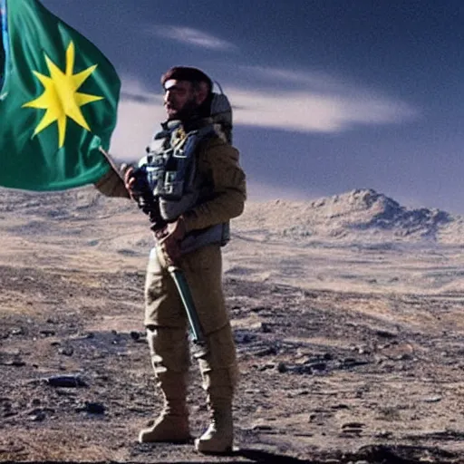 Prompt: kurdish astronaut holding a kurdistan flag in a movie directed by christopher nolan, movie still frame, promotional image, imax 7 0 mm footage