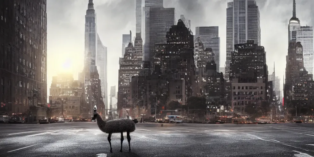 Image similar to a llama walking away from the camera into a desolate manhattan city street at night, statue of liberty seen in the background, realistic 4 k octane beautifully detailed render, 4 k post - processing, highly detailed, detailed face, intricate complexity, epic composition, magical atmosphere, cinematic lighting, masterpiece, ultra hd