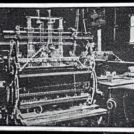 Image similar to grainy 1800s photo of a mechanical industrial era artificial intelligence made out of a jacquard loom