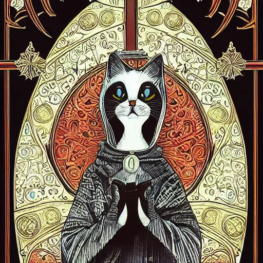 Prompt: the cat nuns of france, intricate, elegant, highly detailed, smooth, sharp focus, detailed face, high contrast, colourful, graphic novel, art by pepe larraz,