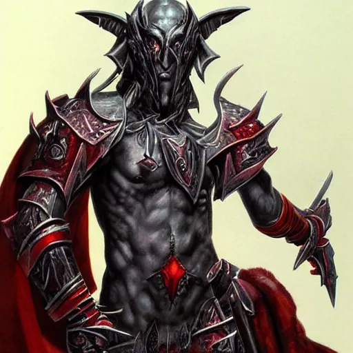 Prompt: “dnd dark elf, by paul bonner, red eyes, dark armor”