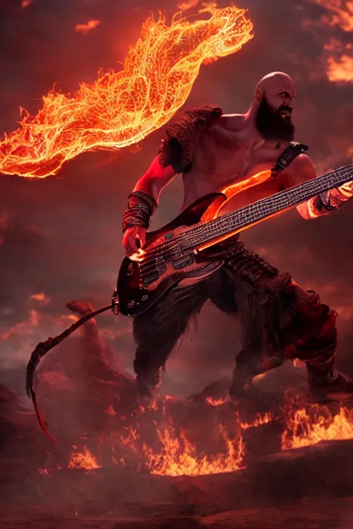 Prompt: kratos rocking out on a flaming stratocaster guitar, cinematic render, god of war 2 0 1 8, playstation studios official media, lightning, flames, red stripe, red left eye stripe, clear, coherent